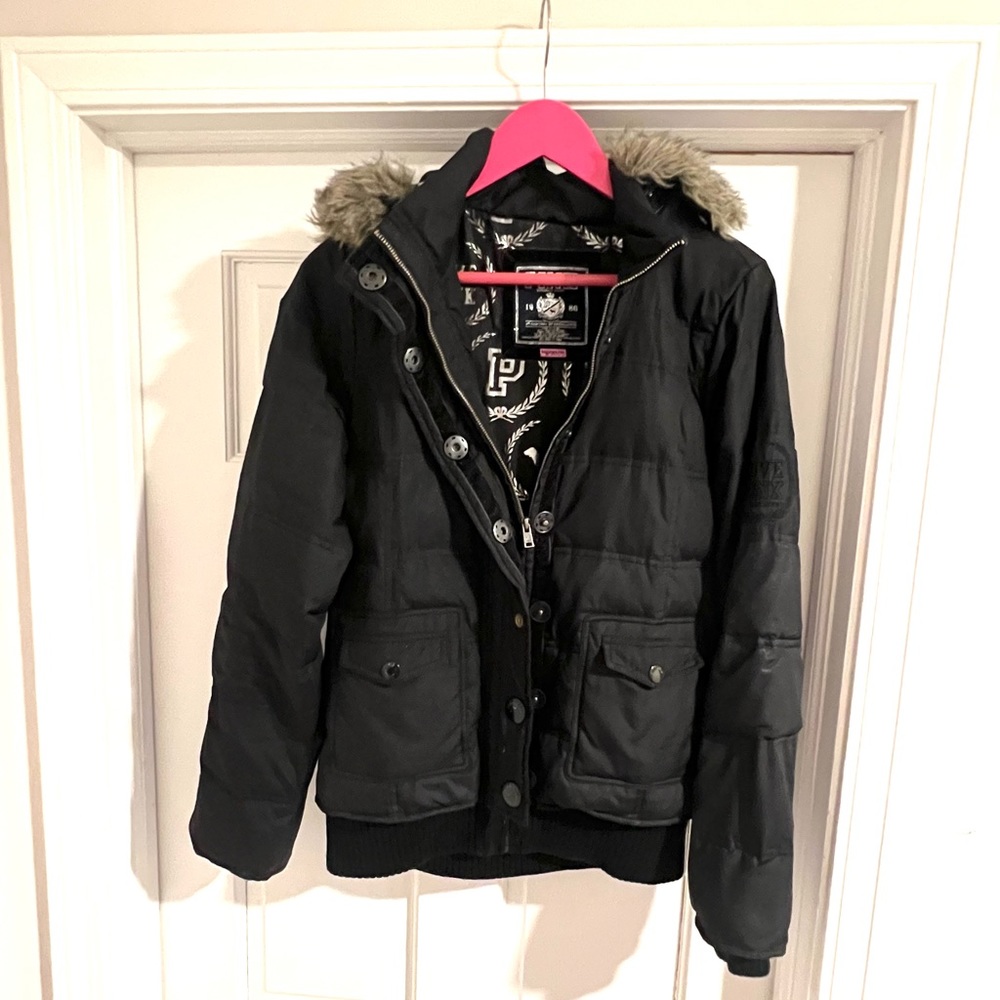 Pink Victoria Secret Puffer Jacket Down Filled Black Hood Removable Faux Fur